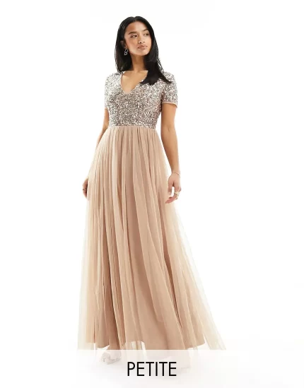 Maya petite bridesmaid short sleeve maxi tulle dress with tonal delicate sequins in muted blush