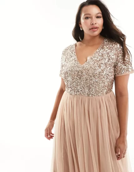 Maya plus bridesmaid short sleeve maxi tulle dress with tonal delicate sequins in muted blush