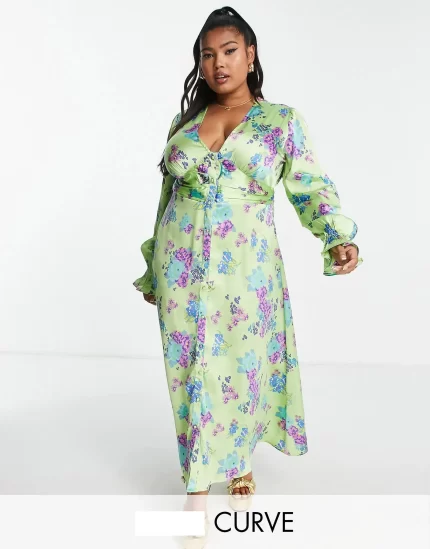 Curve satin button through midi tea dress in green base floral print