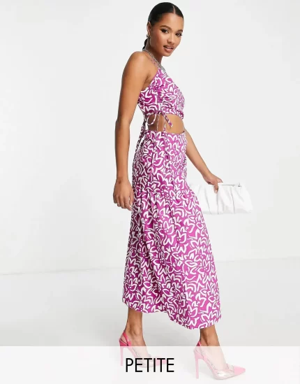 Topshop petite ruch waist out about poplin midi dress in bold lilac floral