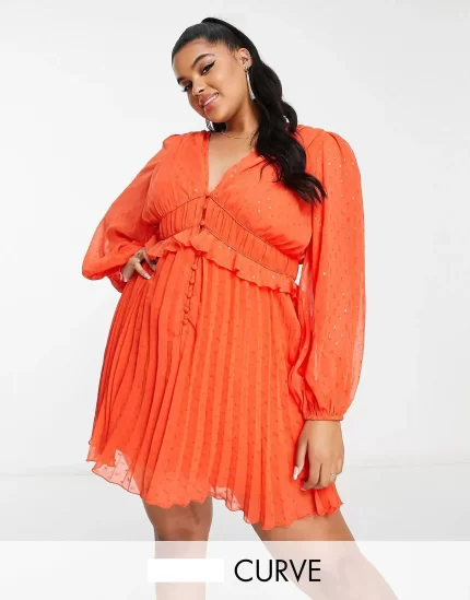 Curve button through ruched waist pleated mini dress in metallic dobby