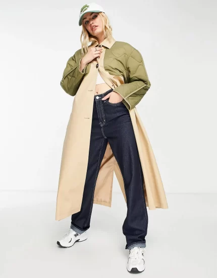 hybrid quilted trench coat in khaki