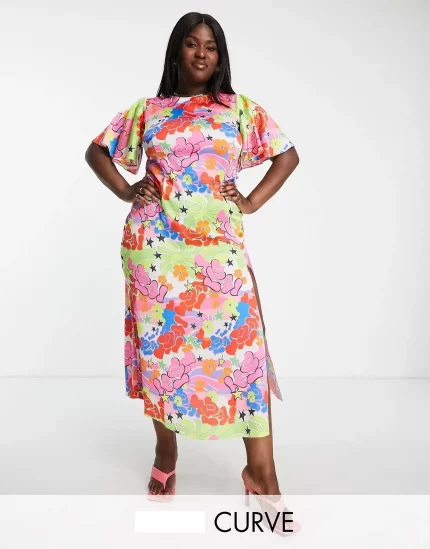 Curve maxi dress in bright floral and heart print