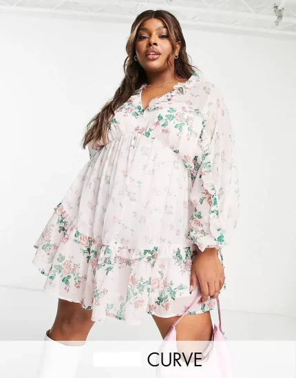 Curve v front v back mini skater dress with frills in pink floral print