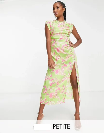 Petite ruched side button cap sleeve satin midi dress in green floral print
