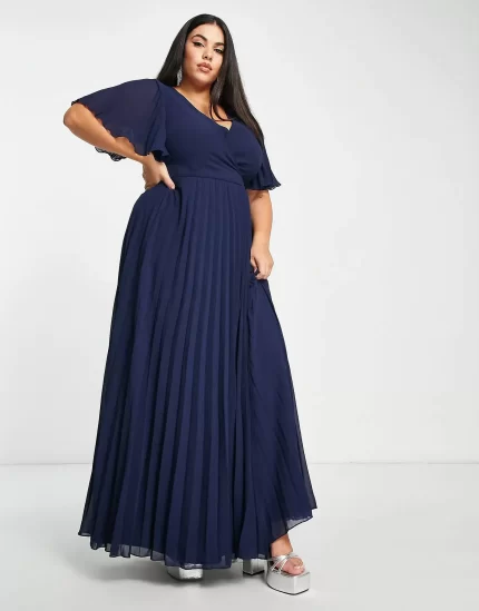 Curve exclusive maxi dress with kimono sleeve and tie waist in pleat in navy