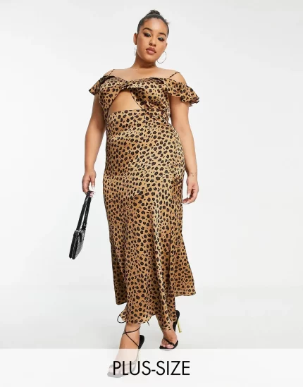 Never fully dressed plus frill sleeve cut-out maxi dress in leopard