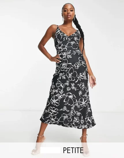 Petite high apex satin maxi slip dress in black based white floral