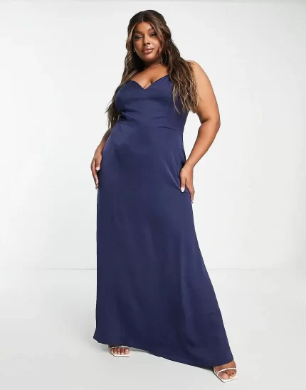 Little mistress plus strappy maxi dress in navy blue satin