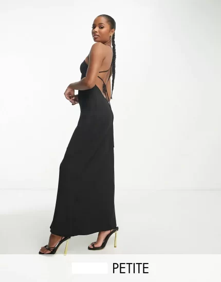 Petite soft halter bias maxi dress in black