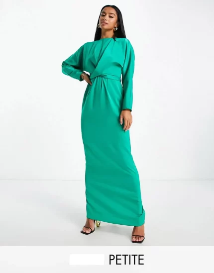 Petite satin maxi dress with batwing sleeve and wrap waist in emerald