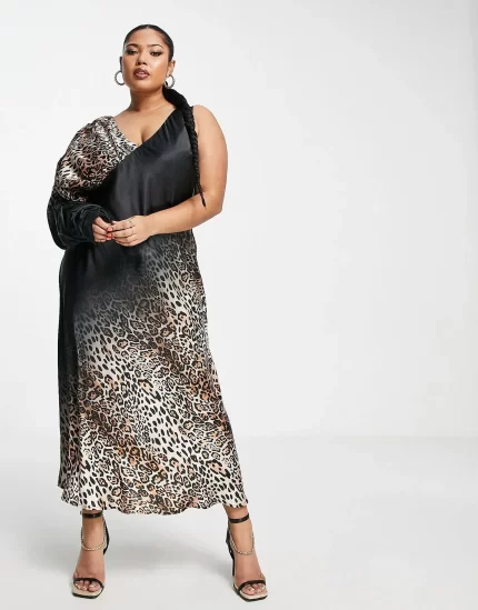 Curve ruched one shoulder midi dress in ombre animal print