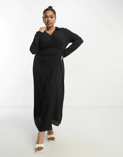 Curve ruched front button up wrap shirt midi dress in black