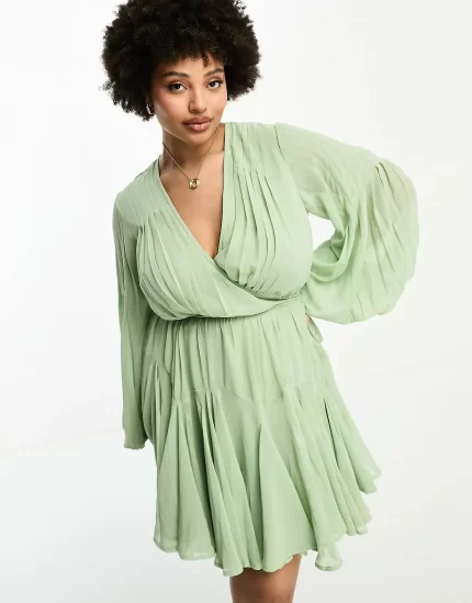 Curve wrap balloon sleeve mini dress with tie waist detail in sage green