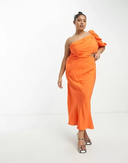 Curve washed one shoulder maxi dress with cut out side waist detail in orange