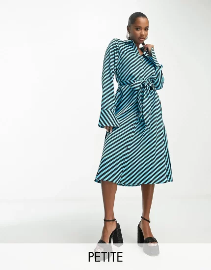 Y.A.S petite satin maxi shirt dress with tie belt in blue diagonal stripe