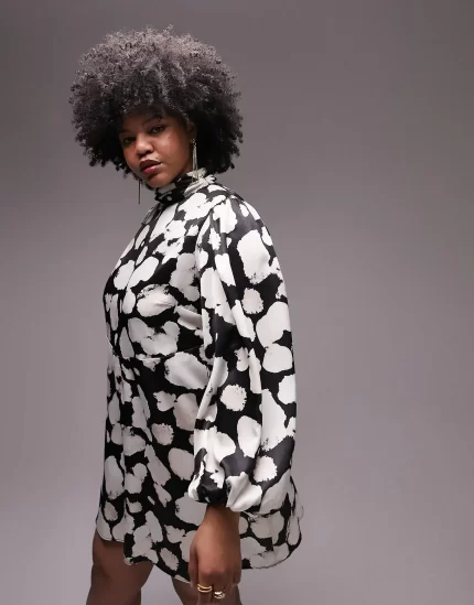 Topshop curve bell sleeve printed mini dress in multi