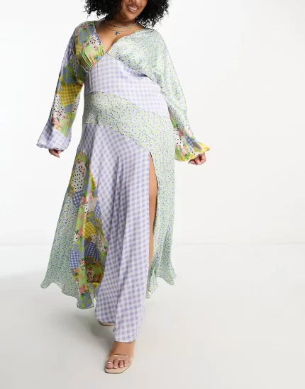 Curve mixed prints seam detail midi dress