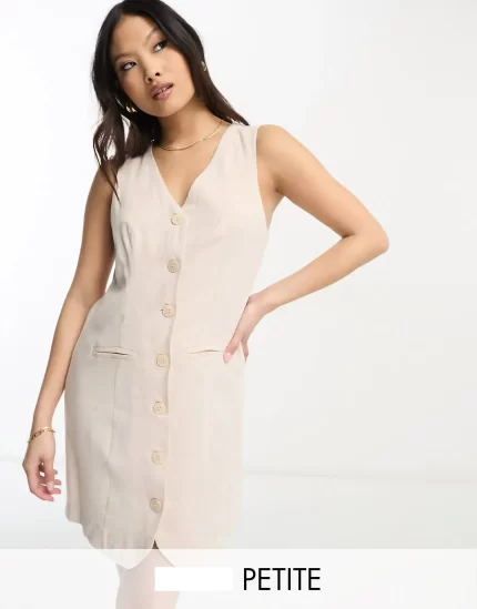 Petite sleeveless button through waistcoat dress in natural