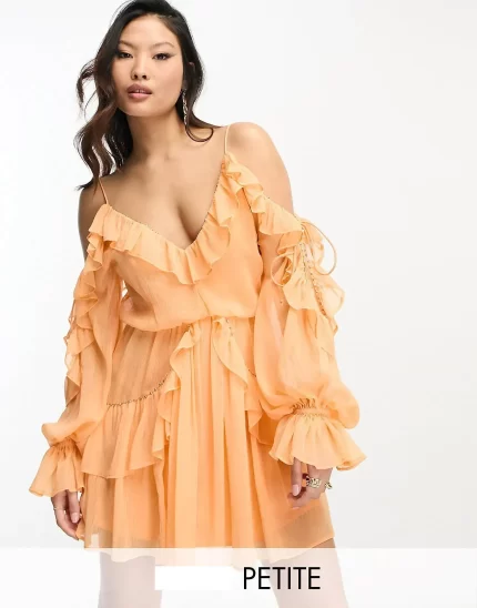 Petite studded tie detail ruffle wrap mini dress in peach