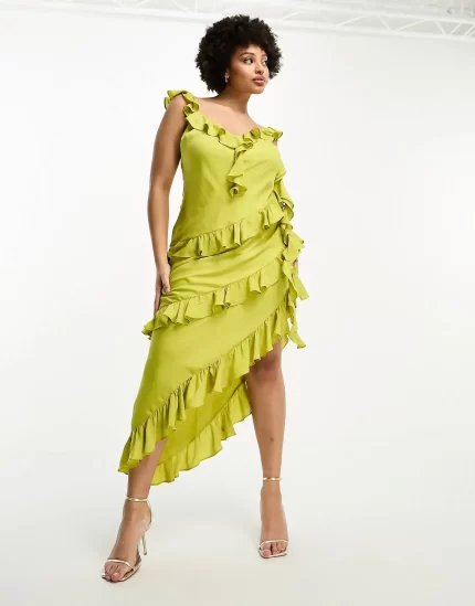 Curve exclusive ruffle cami maxi dress with drape detail in olive green