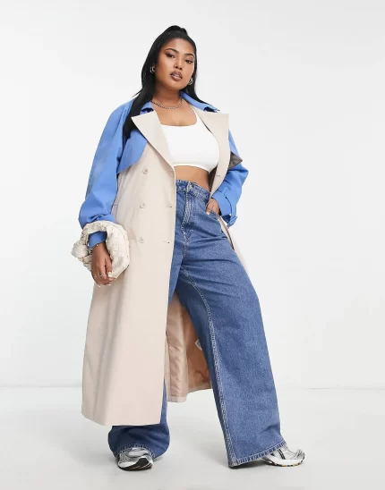 Something New Curve X Madeleine Pedersen colour block mix trench coat in cream and blue