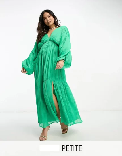 Petite micro pleated batwing trapeze maxi dress in bright green