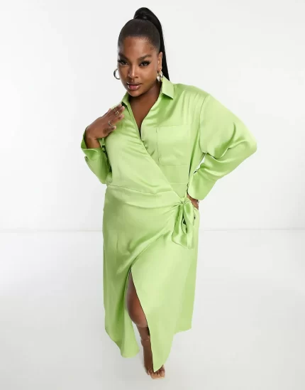 Pretty lavish curve wrap shirt midaxi dress in apple green