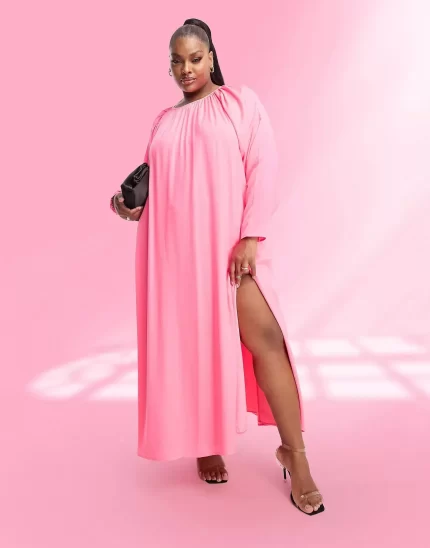 Curve washed satin volume sleeve midaxi dress in fluro pink