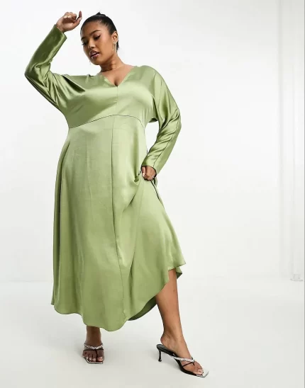 Curve satin v neck long sleeve midi dress in khaki