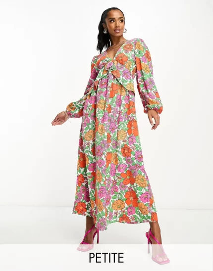 Vila petite balloon sleeve midi dress with frill waist in bright bold floral