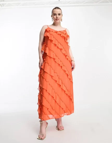 Vila curve frill detail maxi cami dress in orange