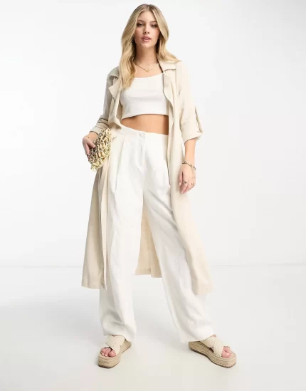 Stradivarius linen look trench coat in natural