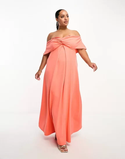 Curve off shoulder twist bardot maxi dress in coral