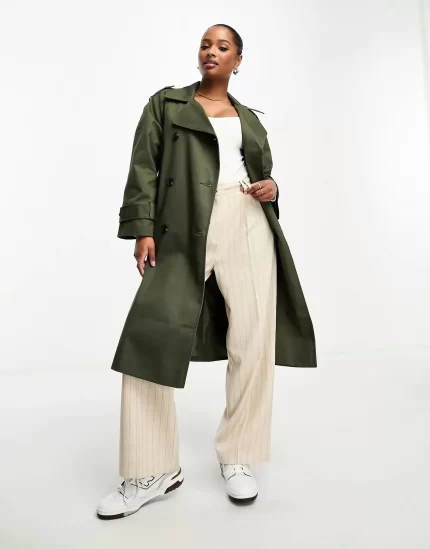 Petite longline trench coat in dark khaki