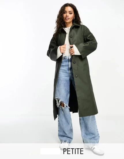 Petite wax trench with cord collar in olive