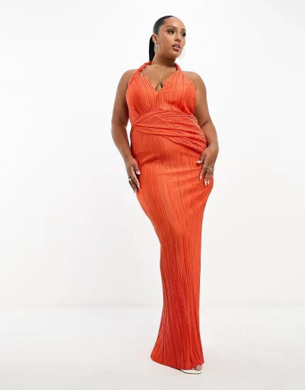 Curve plunge halter cowl back plisse maxi dress in orange