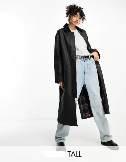 Tall wax trench with check lining in black