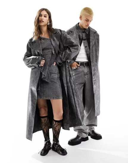 Reclaimed Vintage unisex limited edition washed leather look trench coat with D ring detail in charcoal