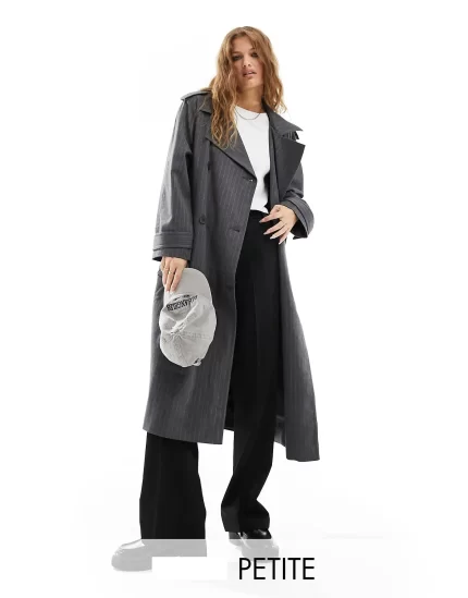 Petite oversized pinstripe trench coat in grey