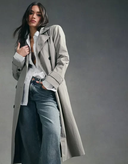 strong shoulder trench coat in mushroom