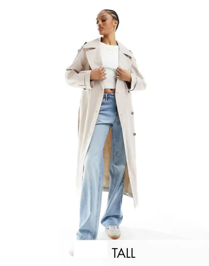 Tall linen mix trench coat in stone