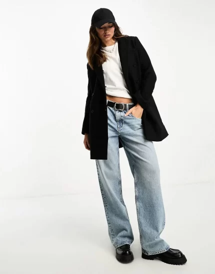 Stradivarius tailored double breasted coat in black