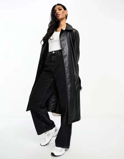 Stradivarius faux leather trench coat in black