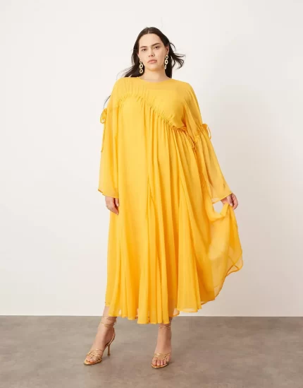 Curve long sleeve chiffon maxi dress with gathered detail in orange