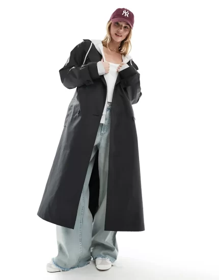 rubberised rain hooded trench coat with belt detail in black