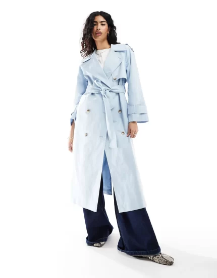 longline linen mix trench coat in blue