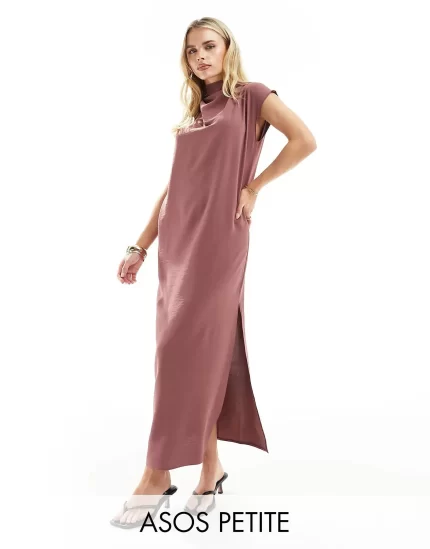 Petite high neck column maxi dress in mauve