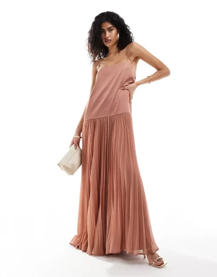 Satin cami trapeze dress with pleated skirt in mocha