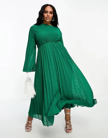 Curve tie back fluted sleeve pleated chevron chiffon midi dress in green